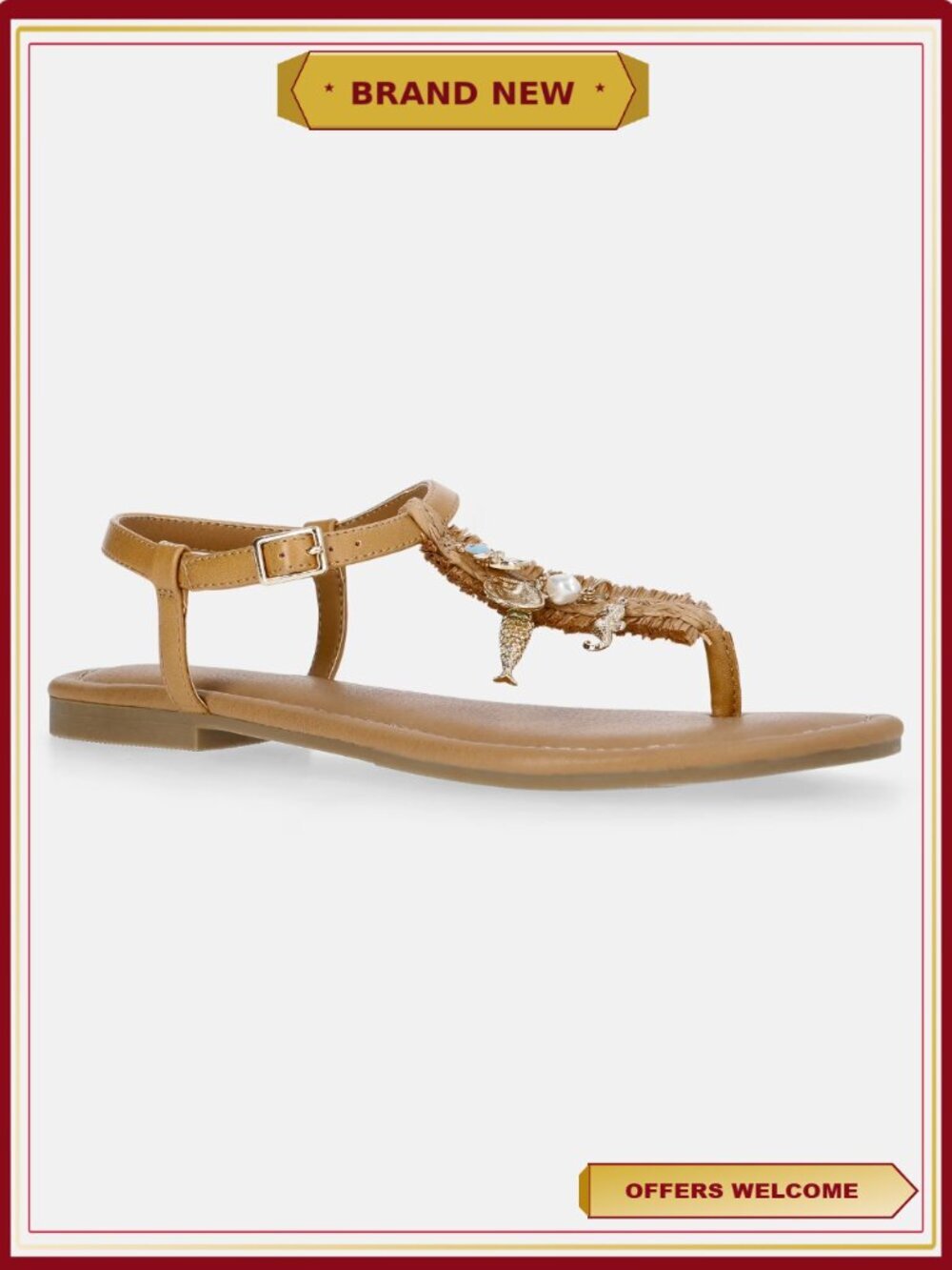 Time and Tru Shell Thong Sandals Flat T-Strap Ankle Strap